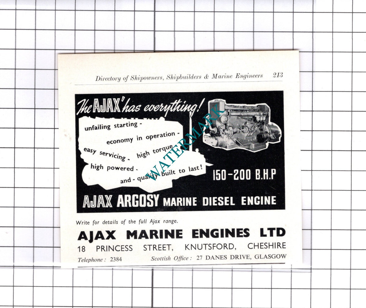 Ioco Ltd Anniesland Glasgow / Ajax Marine Engines Knutsford  c.1957 Small Advert