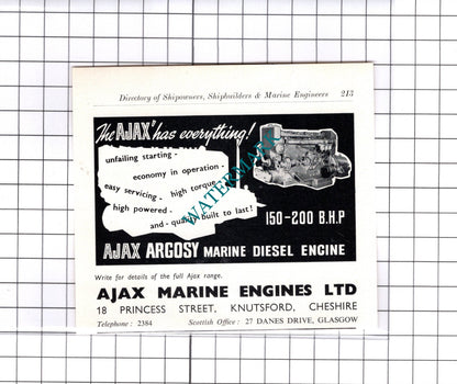 Ioco Ltd Anniesland Glasgow / Ajax Marine Engines Knutsford  c.1957 Small Advert