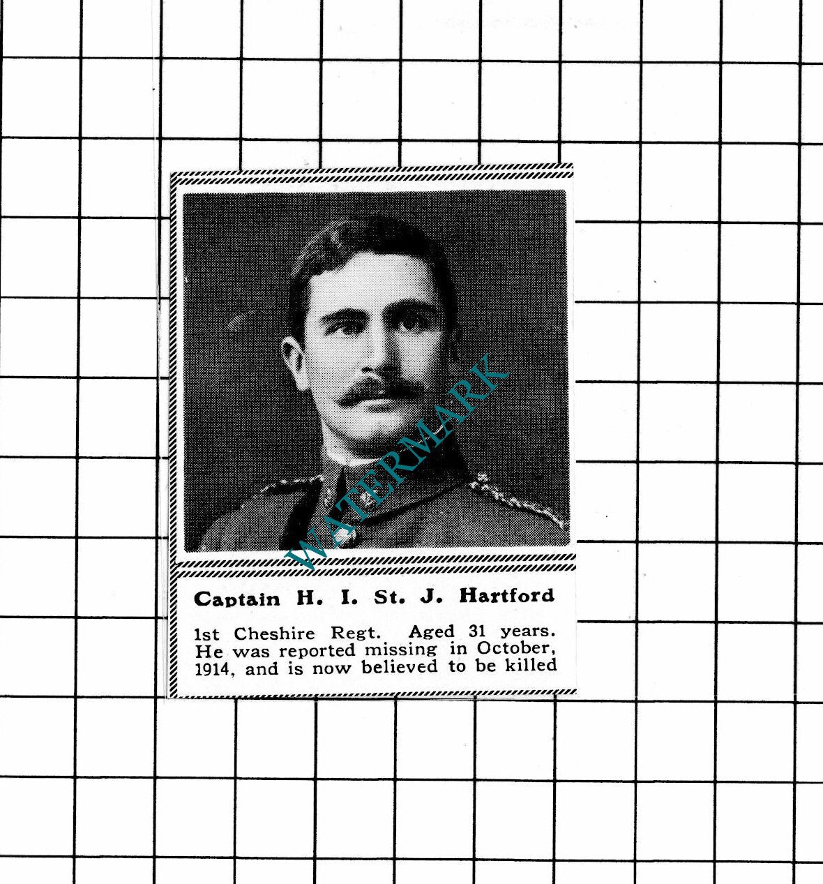 Captain H I St J Hartford 1st Cheshire Reg WW1  - c.1918 SMALL Clipping / Print