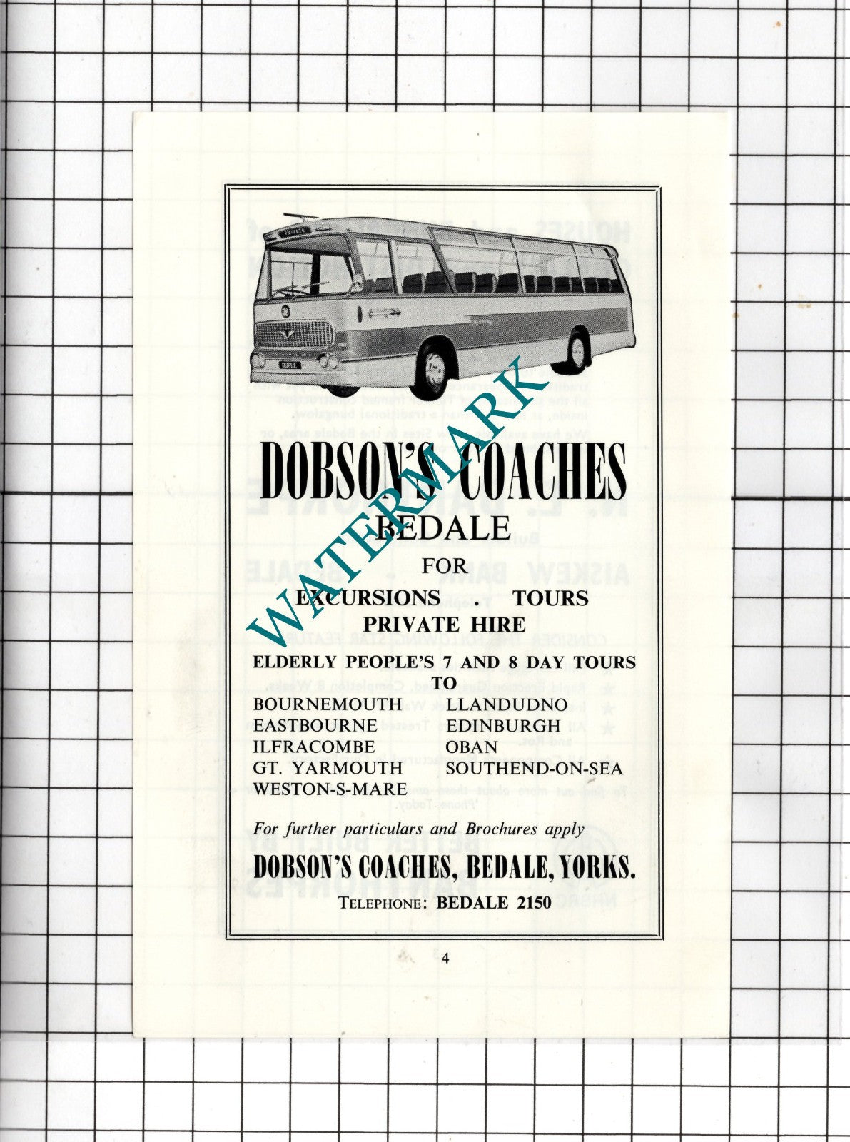 Dobson's Coaches Bedale North Yorkshire / N E Banthorpe Bedale - c.1968 Advert