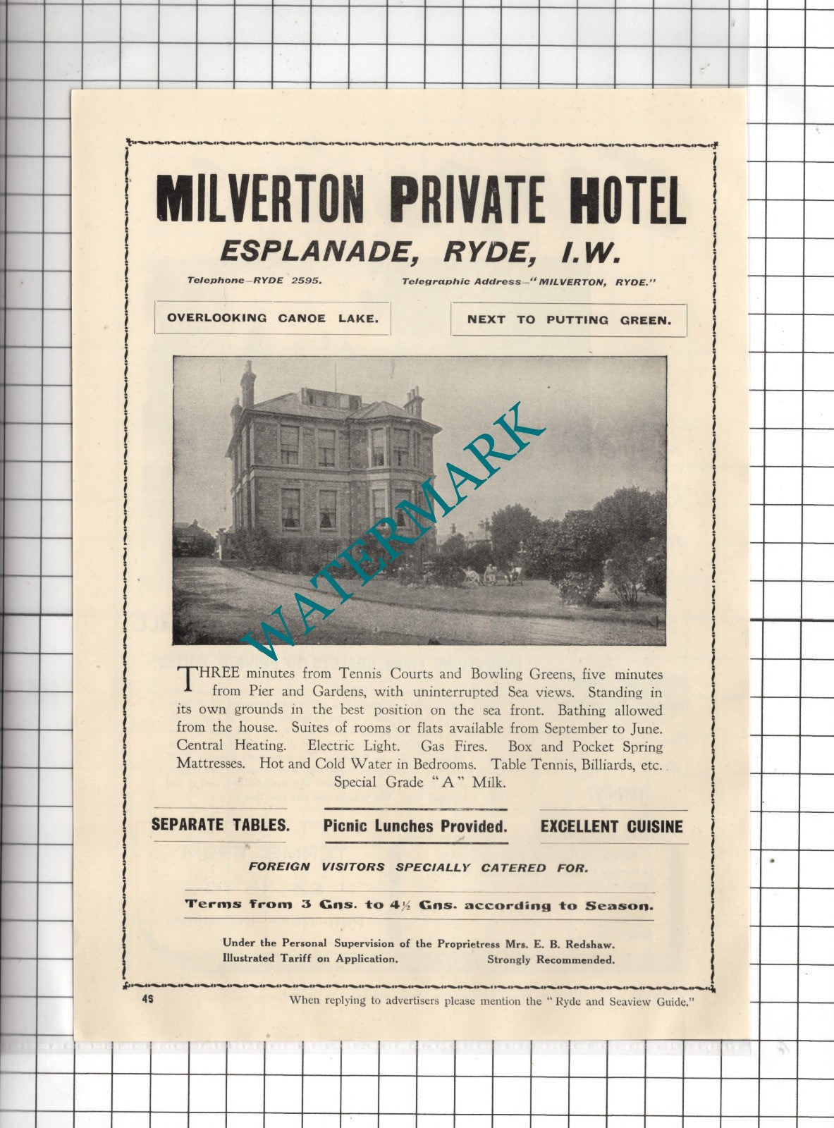 Milverton Hotel Ryde Isle Of Wight  Mrs E B Redshaw - 1938 Advert
