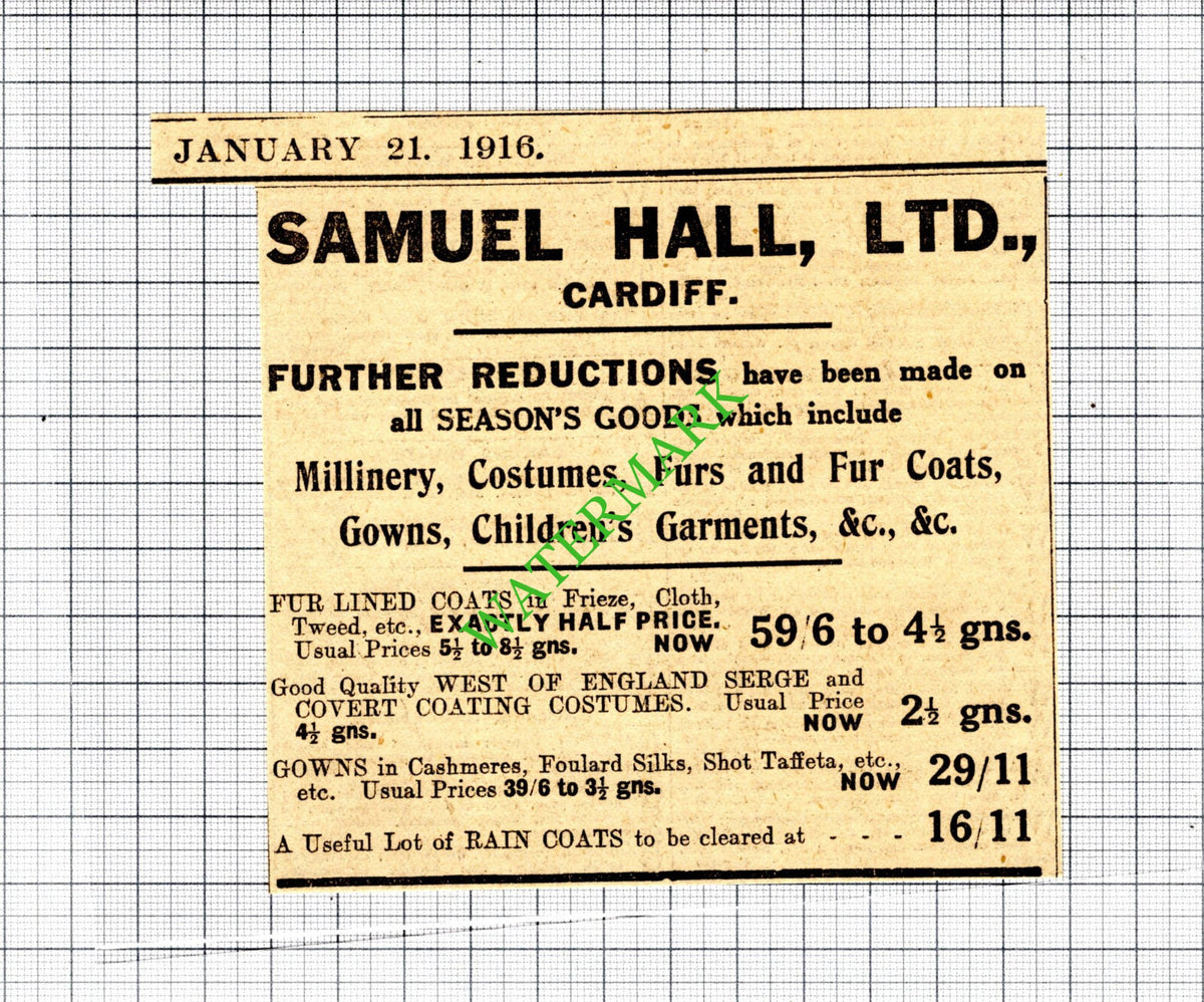 Samuel Hall Ltd Cardiff Wales Advert - 1916 Small Cutting