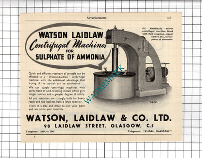 Watson Laidlaw & Co Ltd Glasgow / Tully Sons & Co Ltd Newark Notts-  1951 Advert