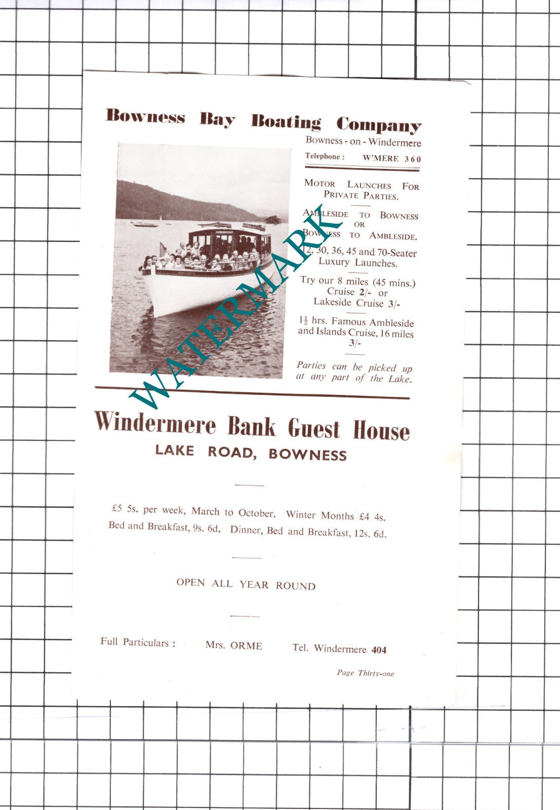 Bownes Bay Boating Company Windermere Cumbria Advert - c.1952 Cutting