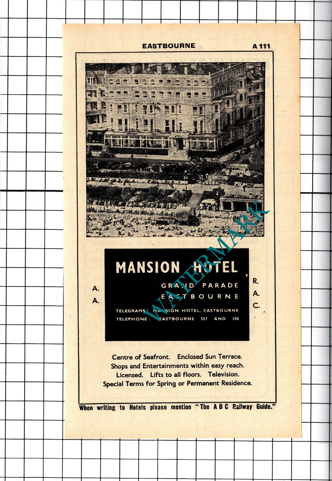 Kenilworth & Mostyn Hotel Eastbourne Brusa / Mansion Hotel Advert - 1958 Cutting