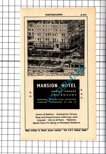 Kenilworth & Mostyn Hotel Eastbourne Brusa / Mansion Hotel Advert - 1958 Cutting