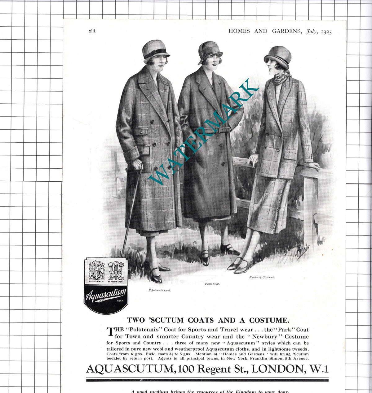 Aquascutum London Advert   - - 1925 Clipping /   Print