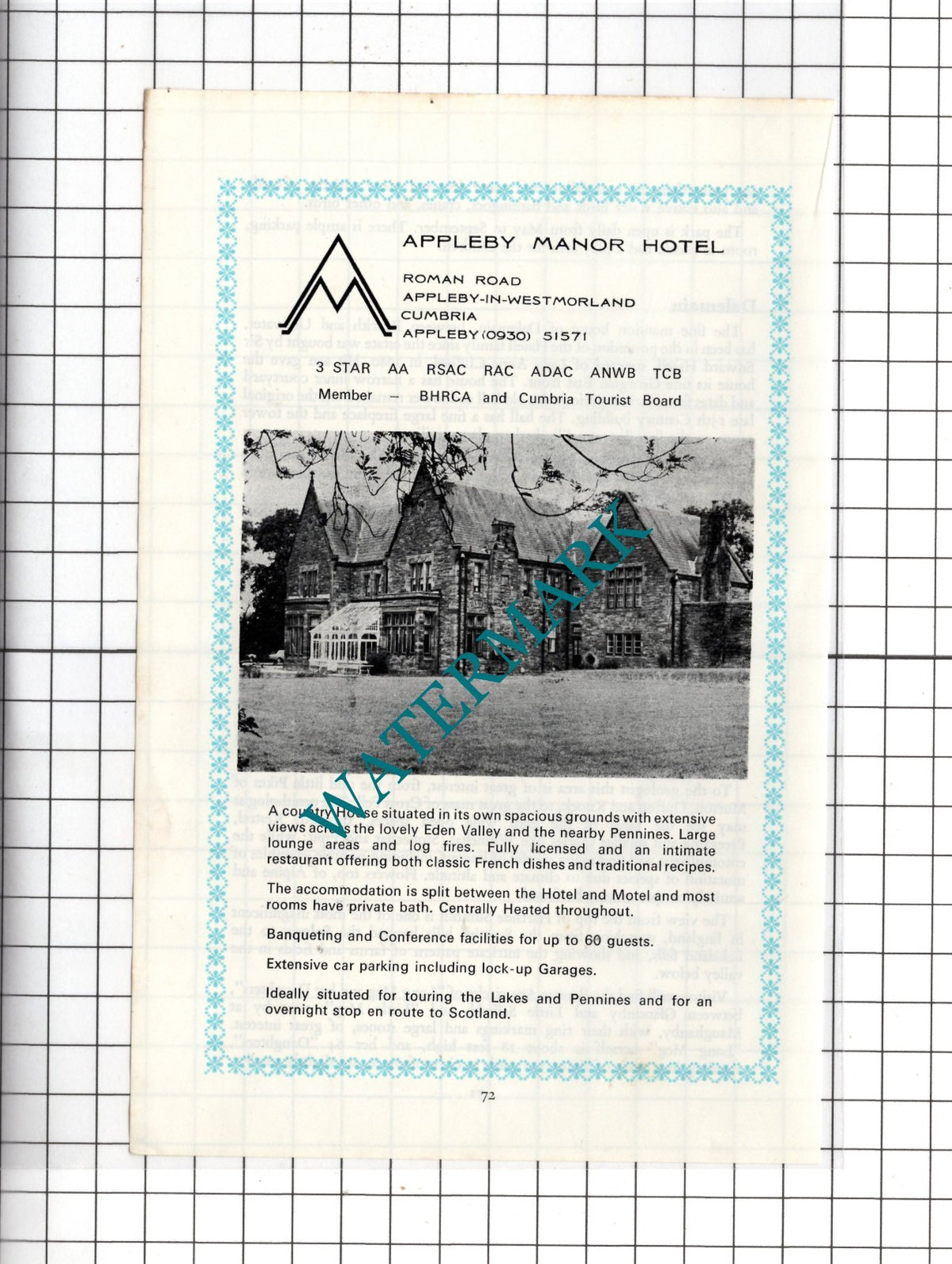 Appleby Manor Hotel Appleby Cumbria- c.1975 Advert