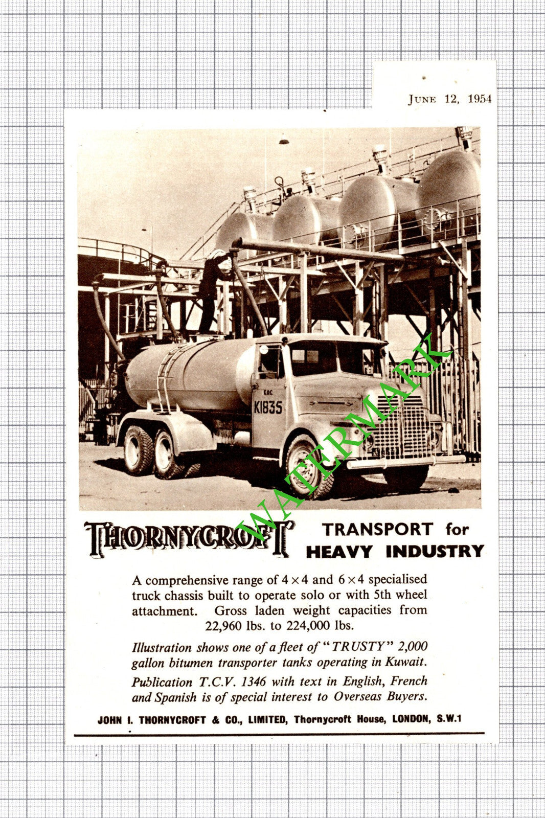 John I Thornycroft & Co Ltd London Transport Small Advert  -1954 Cutting
