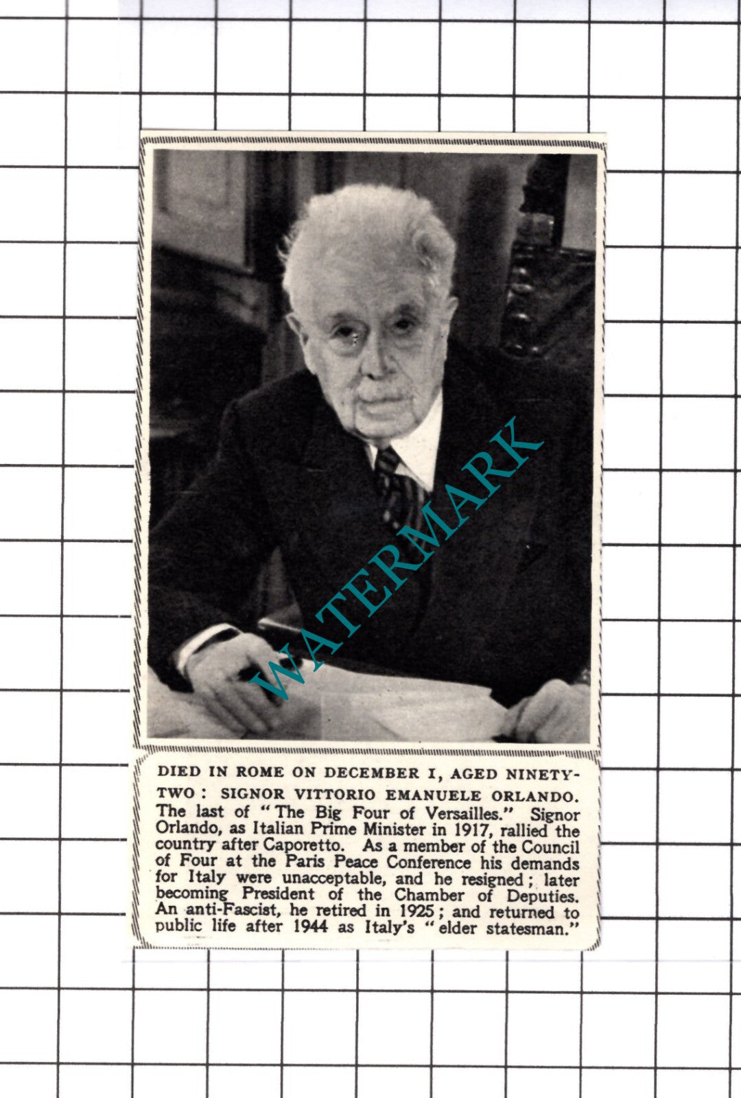 Signor Vittorio Emanuele Orlando Italian Prime Minister  -  1952 Small Cutting