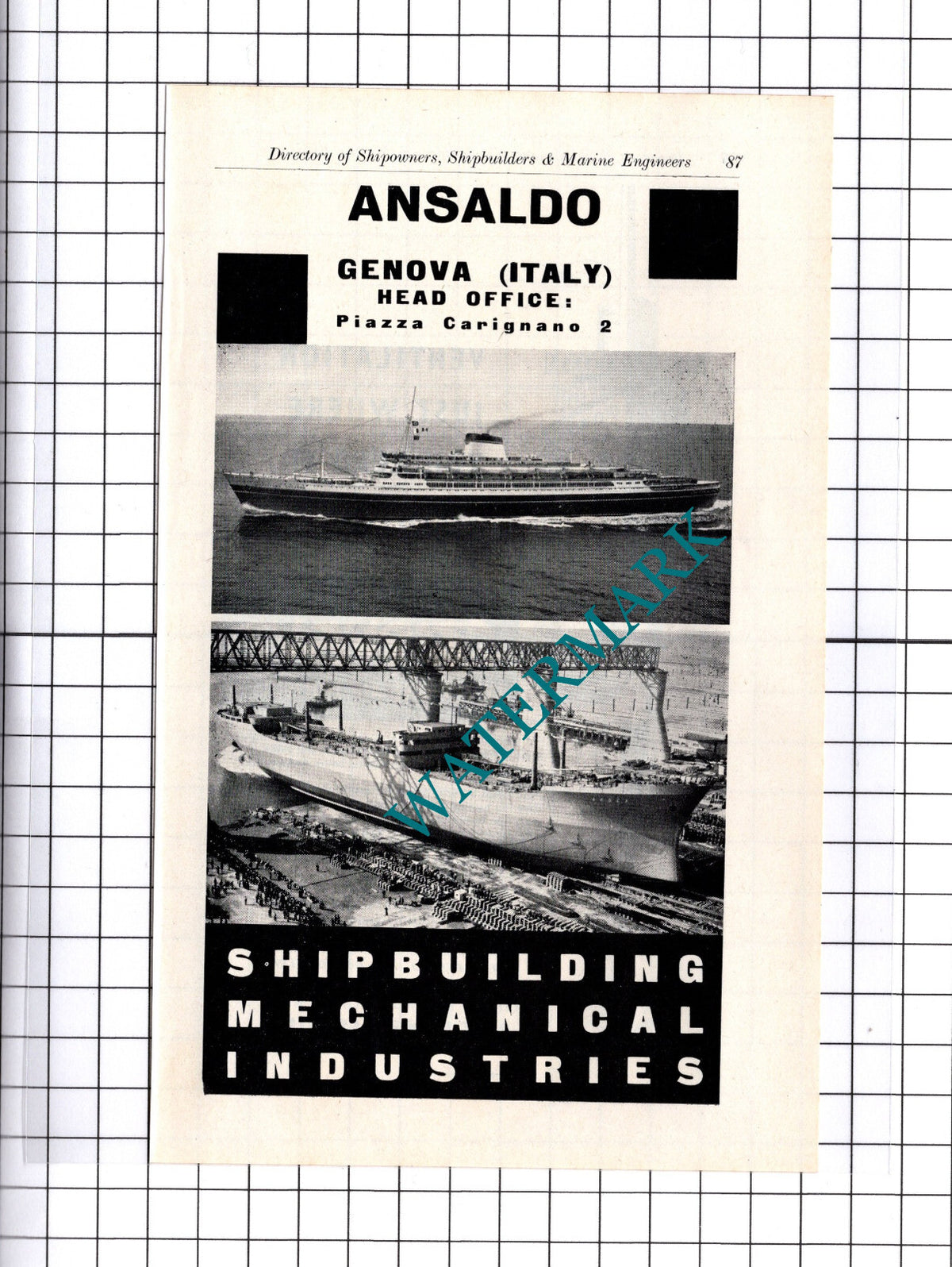 Ansaldo Genova Italy Shipbuilders  / R B Stirling & Co Glasgow ADVERT - c.1957