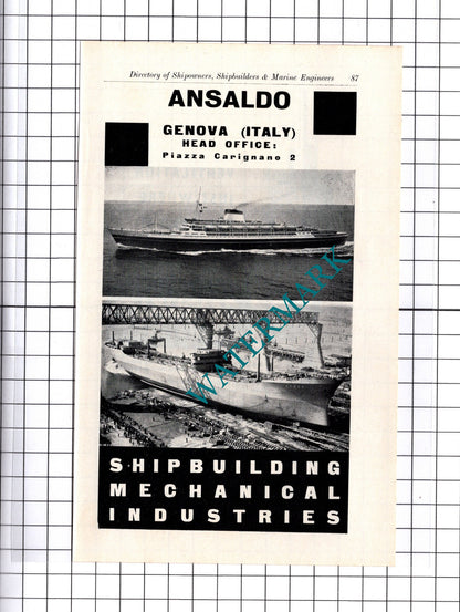 Ansaldo Genova Italy Shipbuilders  / R B Stirling & Co Glasgow ADVERT - c.1957