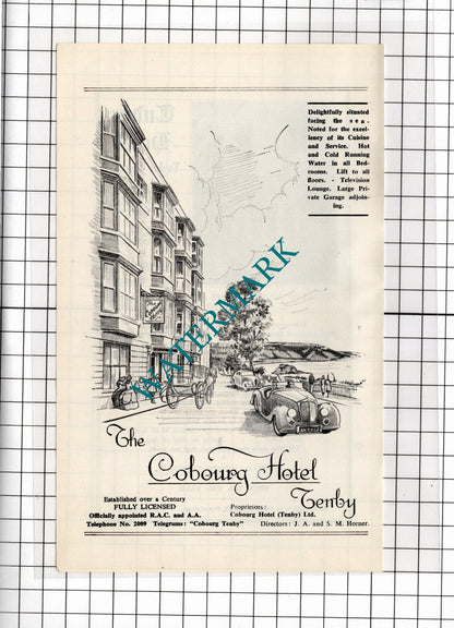 The Cobourg Hotel Tenby Wales Horner / Tudor Hotel Mrs C Rees - 1962 ADVERT