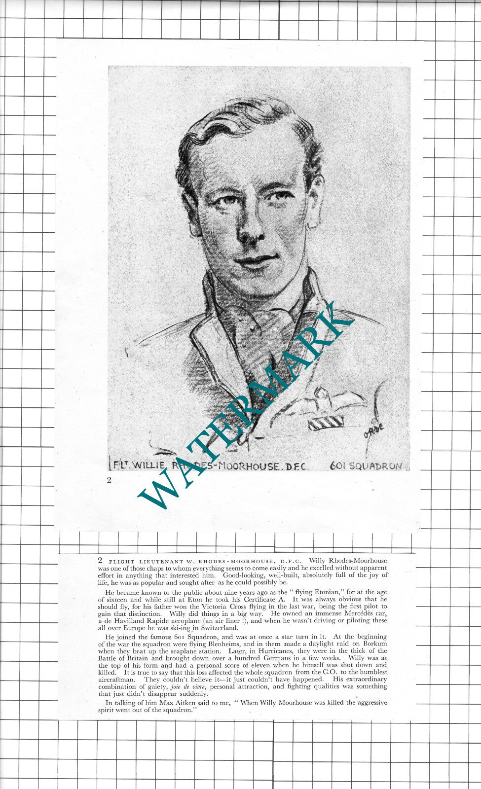 F/L Willie Rhodes-Moorhouse /  S/Ldr AG Malan WW2 - 1942 Book Print & Short Text