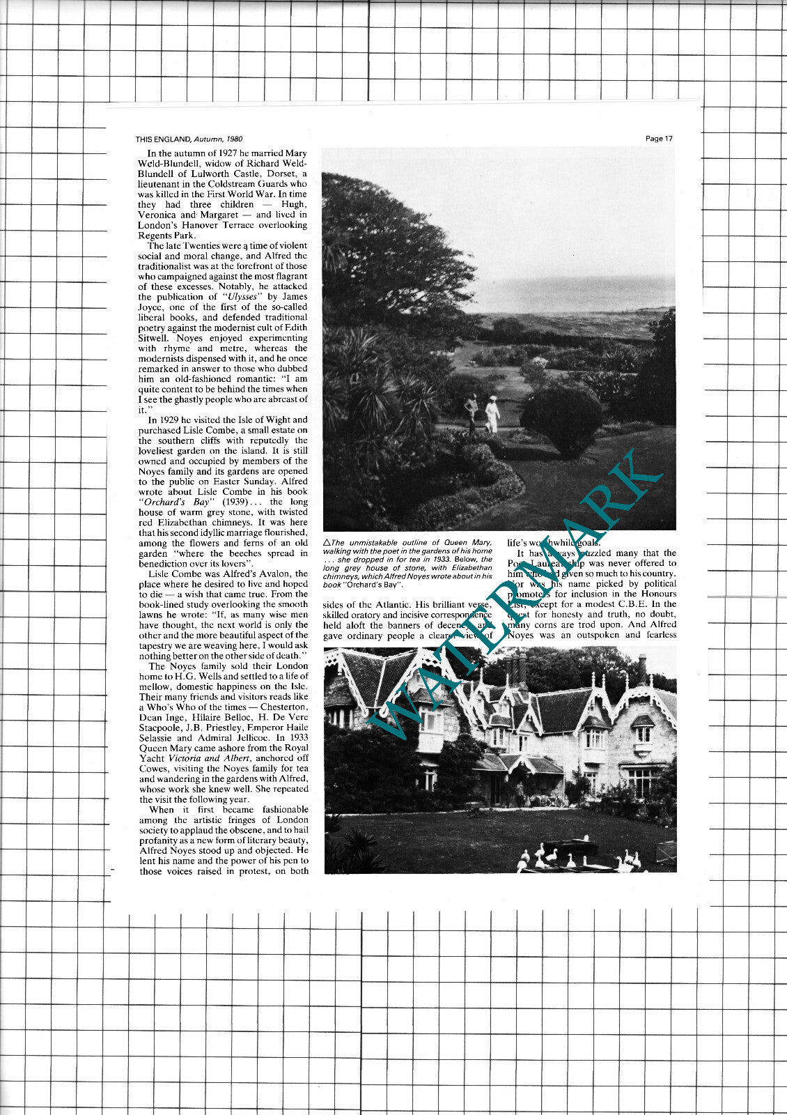 Alfred Noyes Poet Lisle Combe Isle Of Wight   - 1980 Article