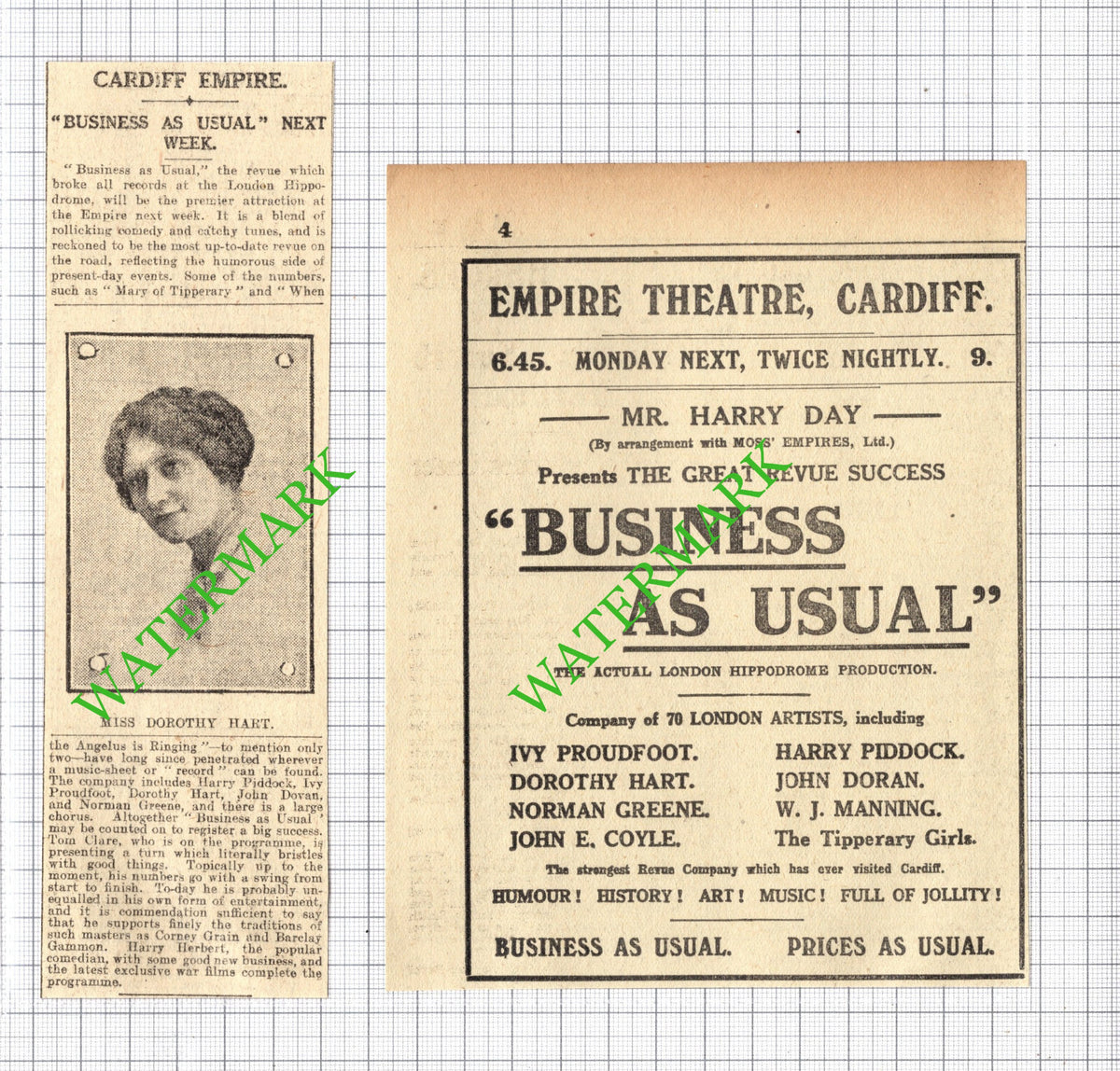 Miss Dorothy Hart Empire Theatre Cardiff  Harry Day -  1916 2-Part News Cutting