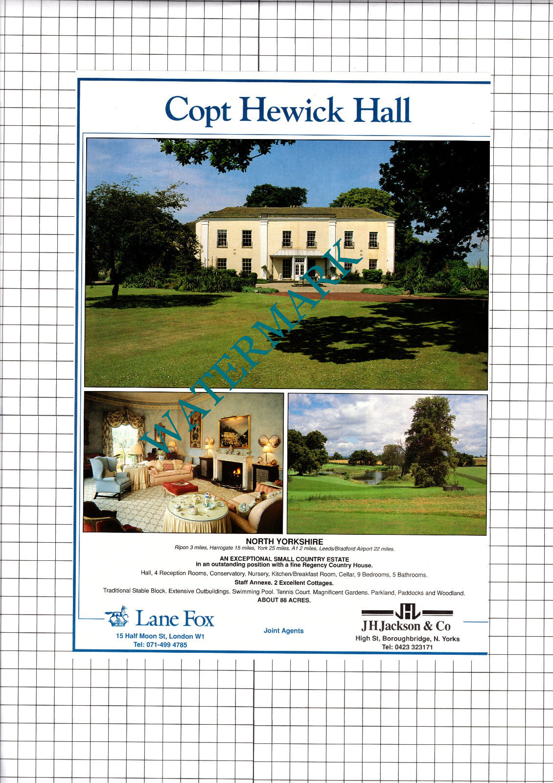 Copt Hewick Hall Ripon North Yorkshire House Sale Advert -  1991 Clipping