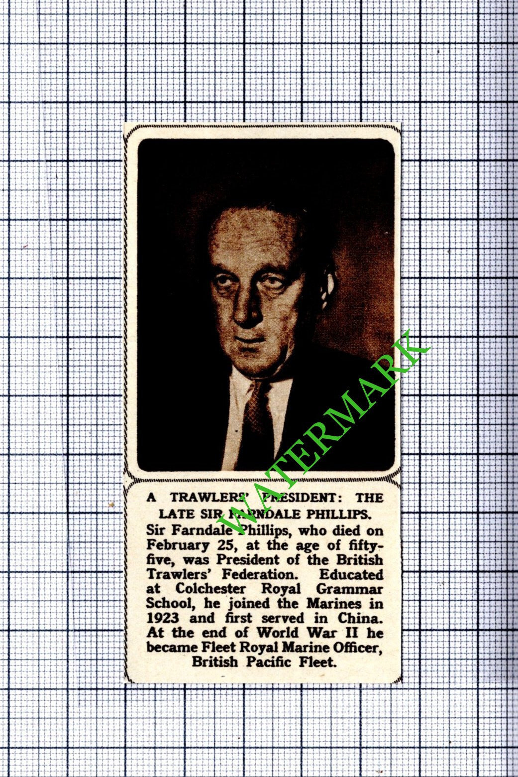 Sir Farndale Phillips British Trawlers Federation Obituary - 1961  Small Cutting