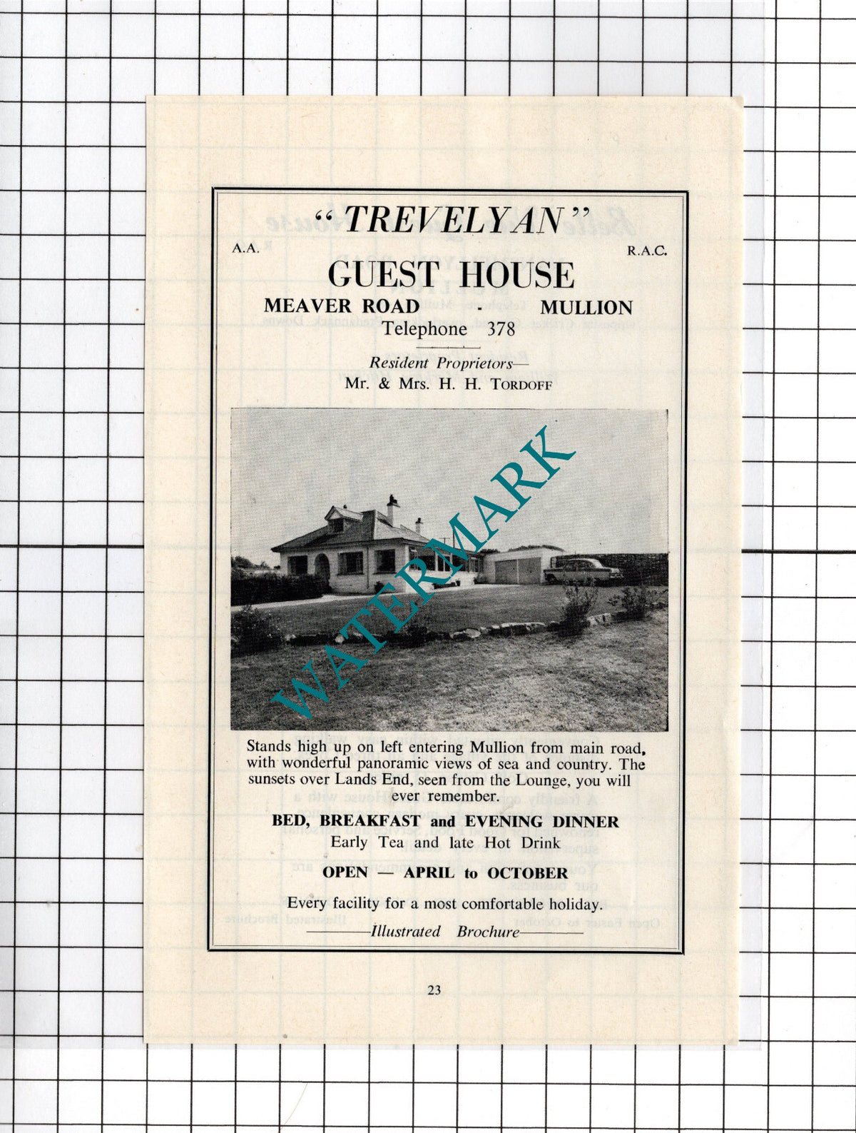 Belle Vue Guest House Mullion Cornwall Hitchen Trevelyan Tordoff  -c.1969 Advert