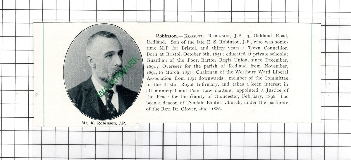 Mr Kossuth Robinson 3 Oakland Road Redland Bristol England - 1898 Clipping
