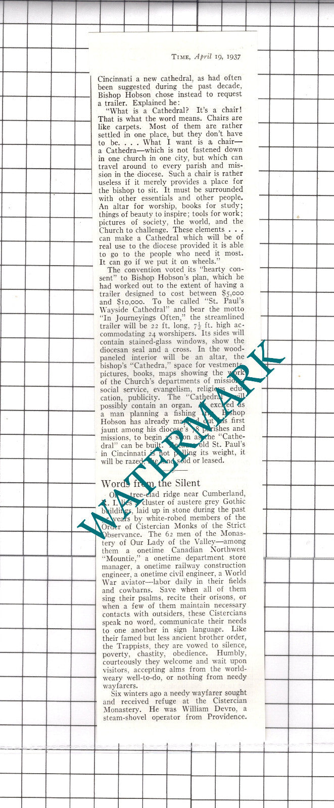 Rt Rev Henry Wise Hobson Southern Ohio Bishop Hobson  1937 Double-Sided Clipping
