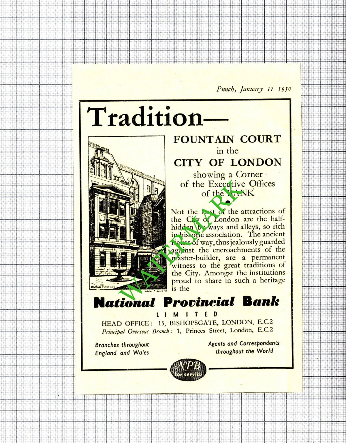 National Provincial Bank Fountain Court London Small Advert - 1950 Cutting