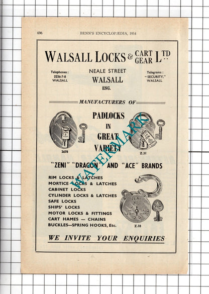 B Lilly & Sons Ltd Birmingham / Walsall Locks & Cart Gear Ltd - 1954 Advert