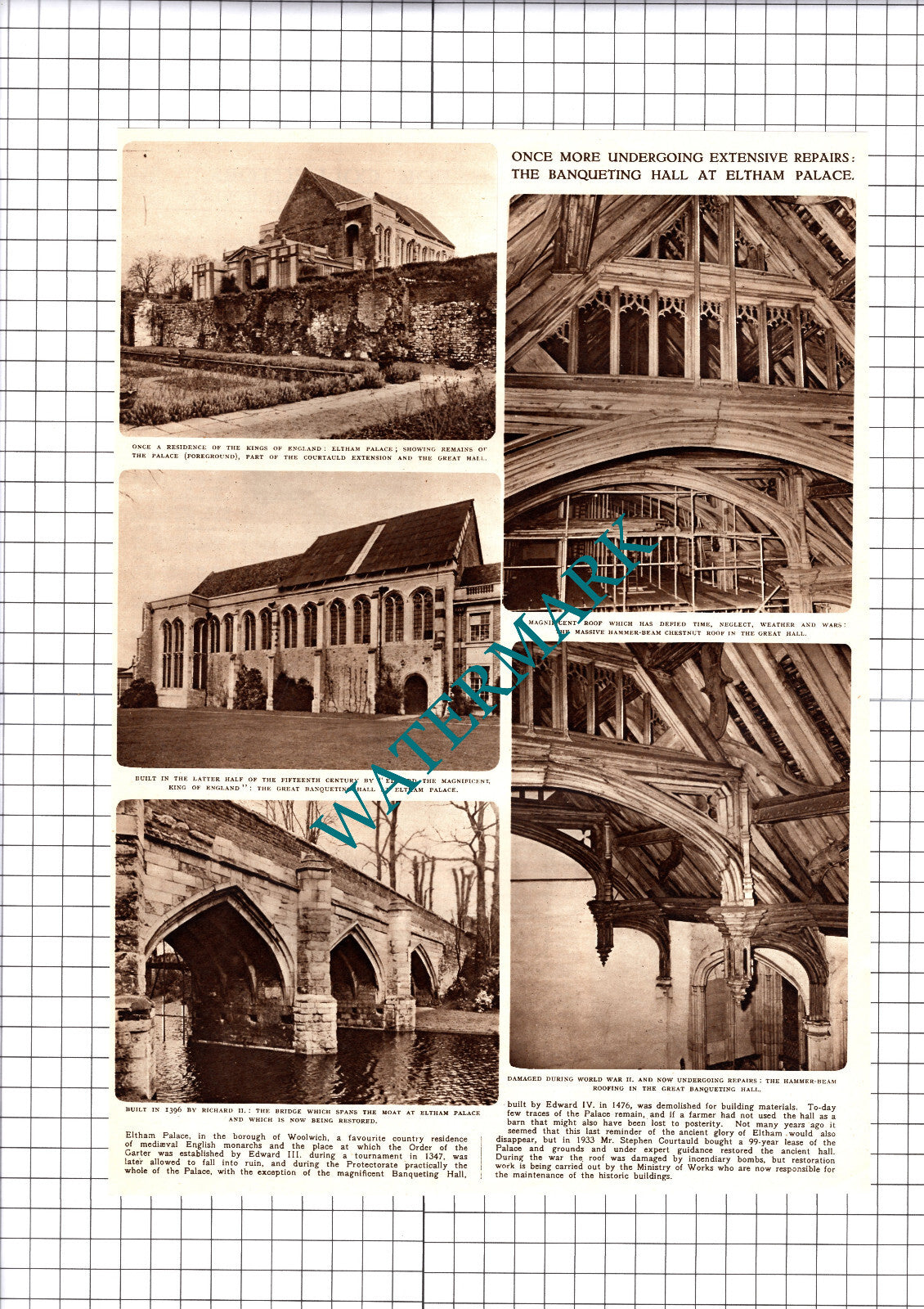 Eltham Palace Repairs -  1952 Cutting / Print