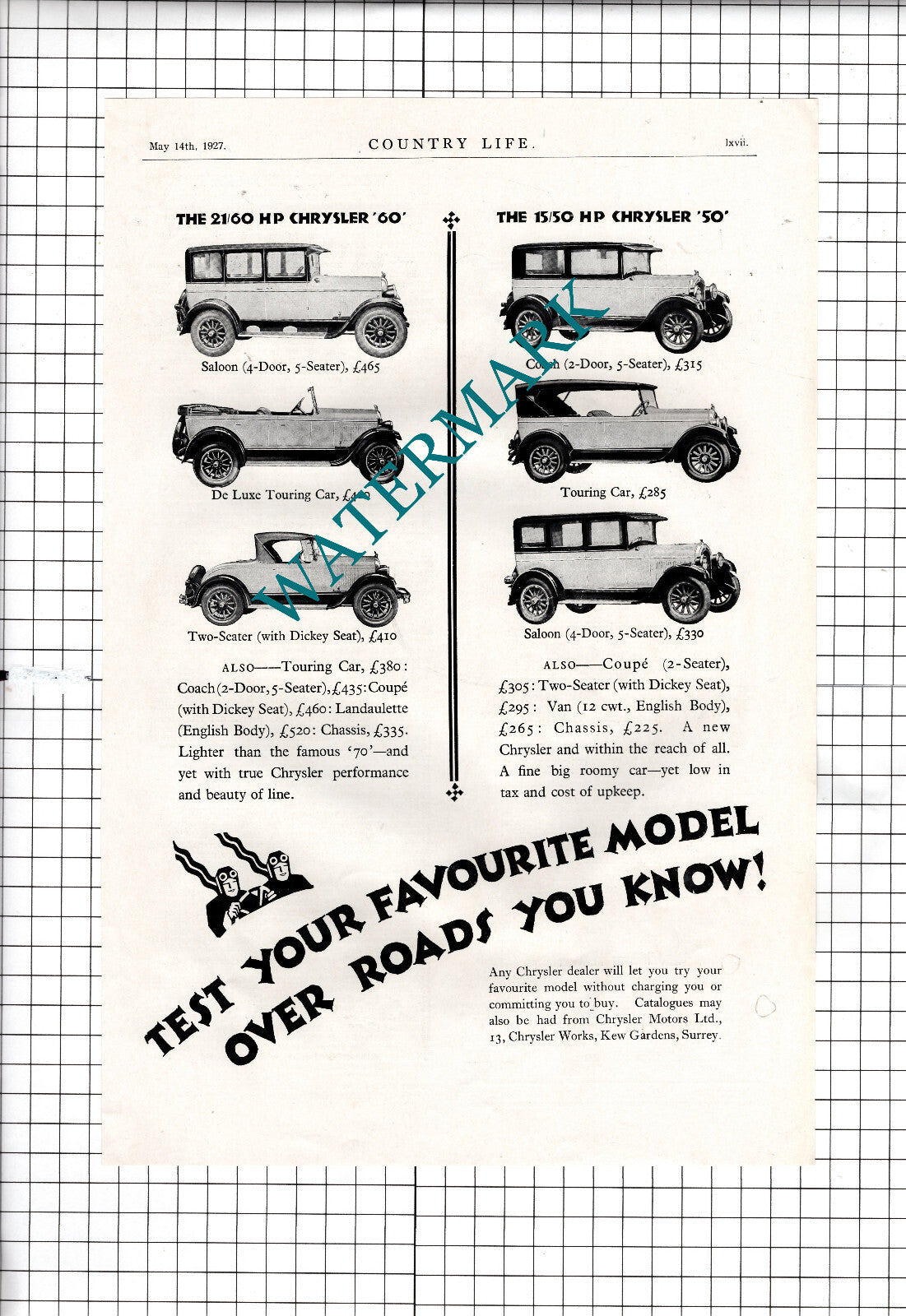Chrysler Car Advert Chrysler Motors Ltd Kew Gardens  - 1927 Two-Part Clipping