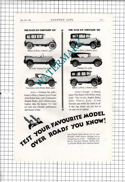 Chrysler Car Advert Chrysler Motors Ltd Kew Gardens  - 1927 Two-Part Clipping