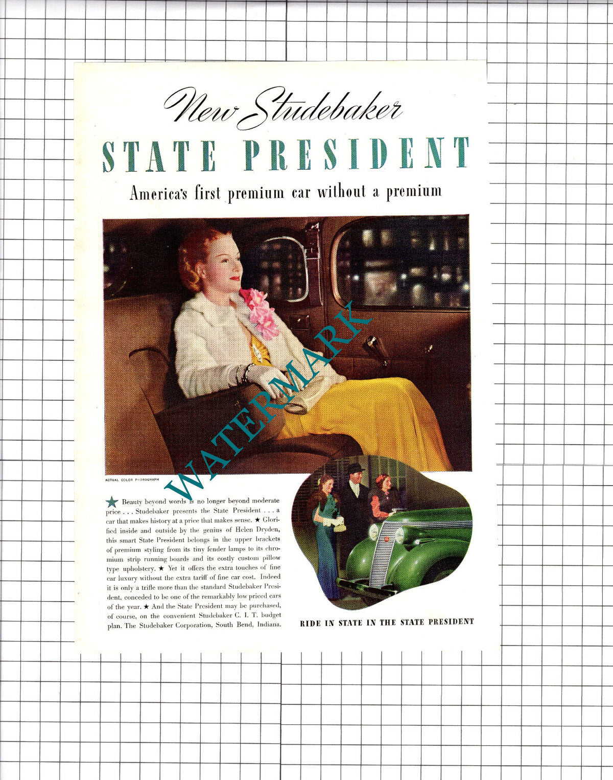 Studebaker State President Car / Budweiser Beer Advert -  1937 Clipping / Print