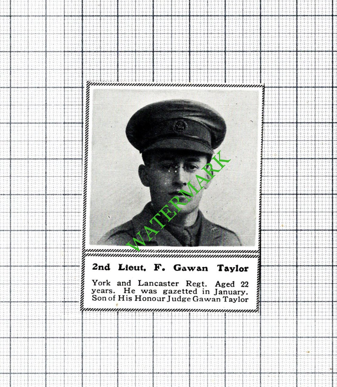 2nd Lt F Gawan Taylor York and Lancaster Regt WW1 War  - c.1918 SMALL Cutting