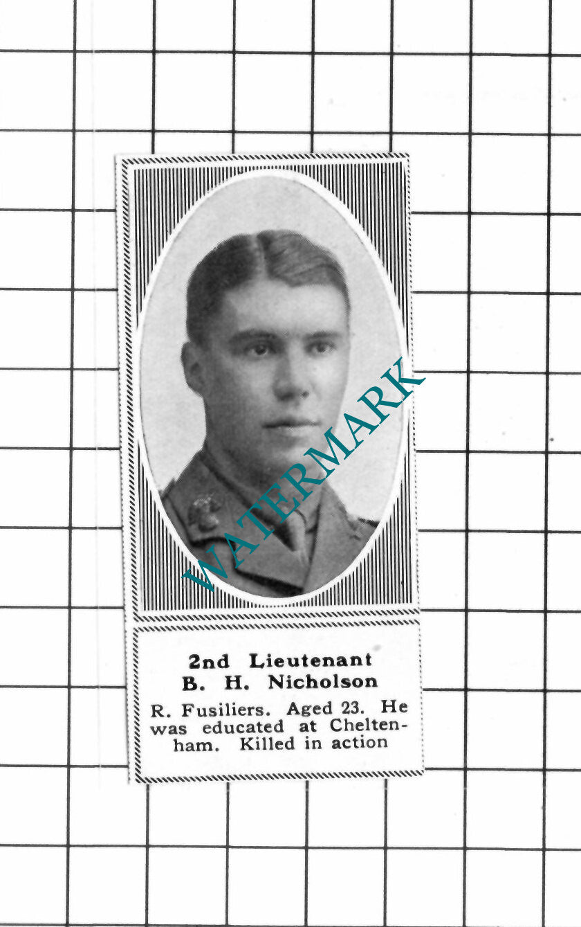 2nd Lt B H Nicholson Royal Fusiliers WW1  - c.1918 SMALL Clipping / Print