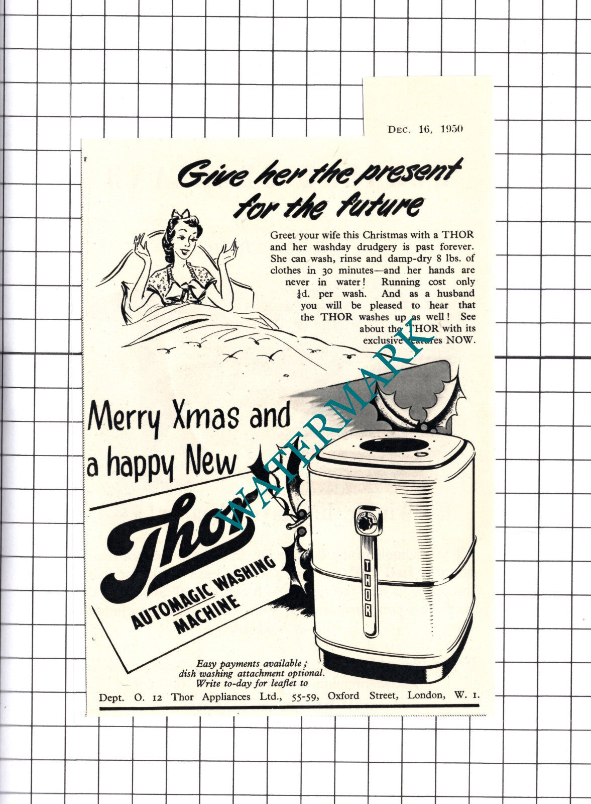 Thor Automatic Washing Machine Small Advert - 1950 Cutting
