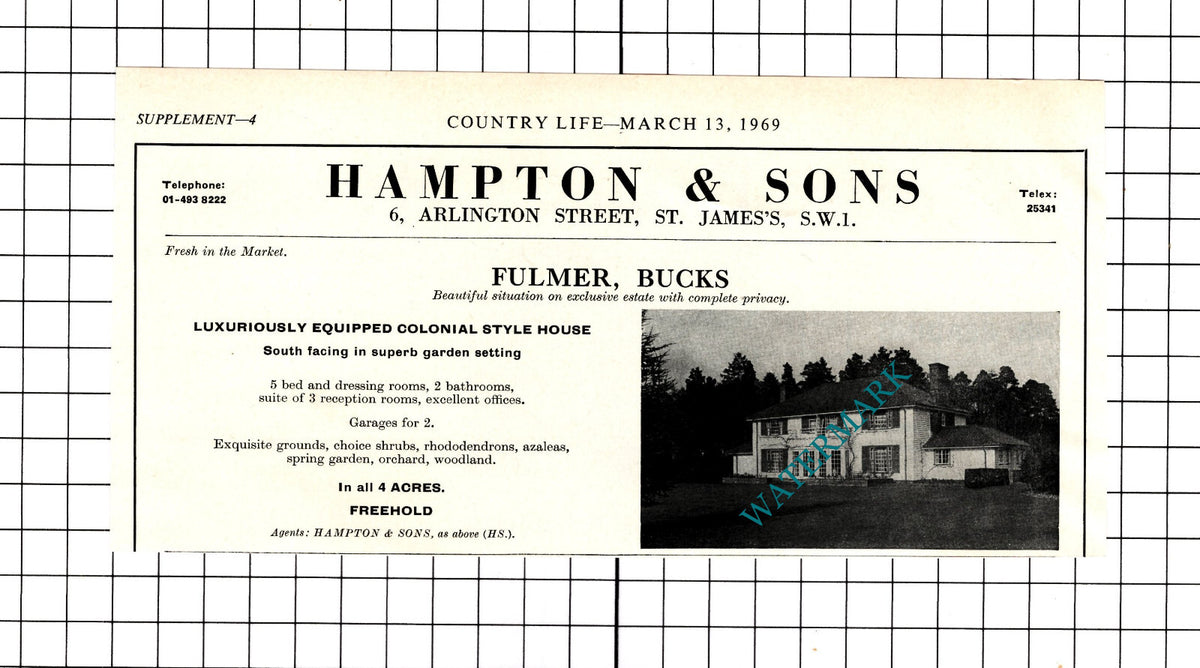 Fulmer Buckinghamshire House Sale Advert - 1969 Clipping / Print