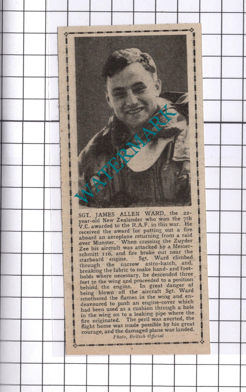 Sgt James Allen Ward New Zealand World War Two WW2 - 1941 Clipping