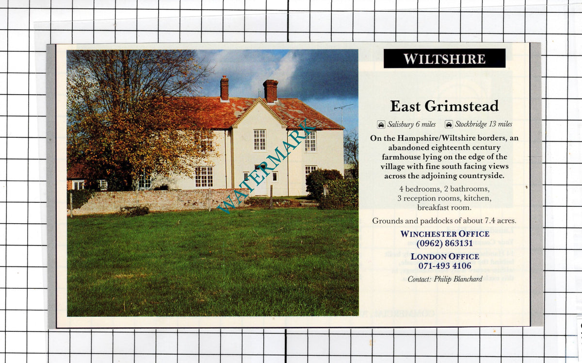 East Grimstead Wiltshire  Farmhouse House Sale Advert - 1990 Cutting