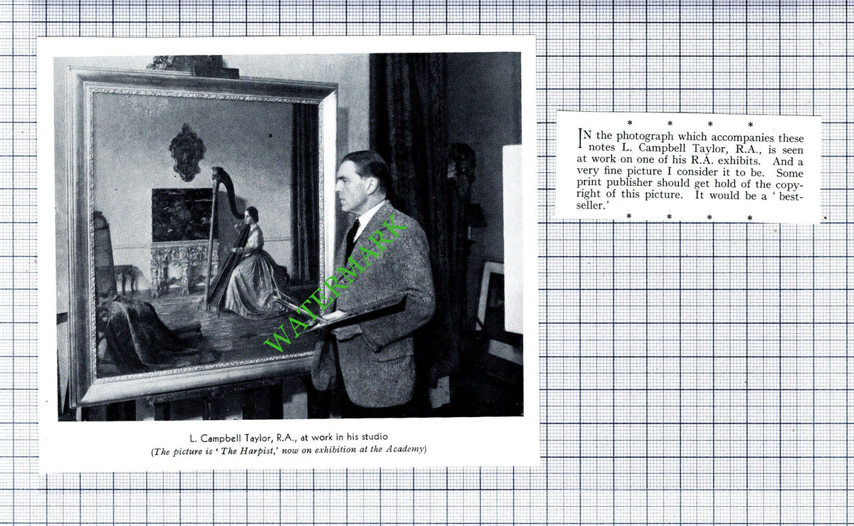 L Campbell Taylor Artist The Harpist   -1930's Two-Part Cutting / Print