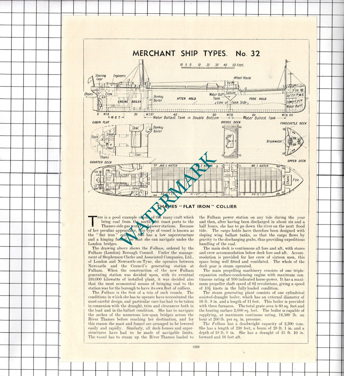 Thames Flat Iron Collier Ship FULHAM - c.1940's Cutting / Print