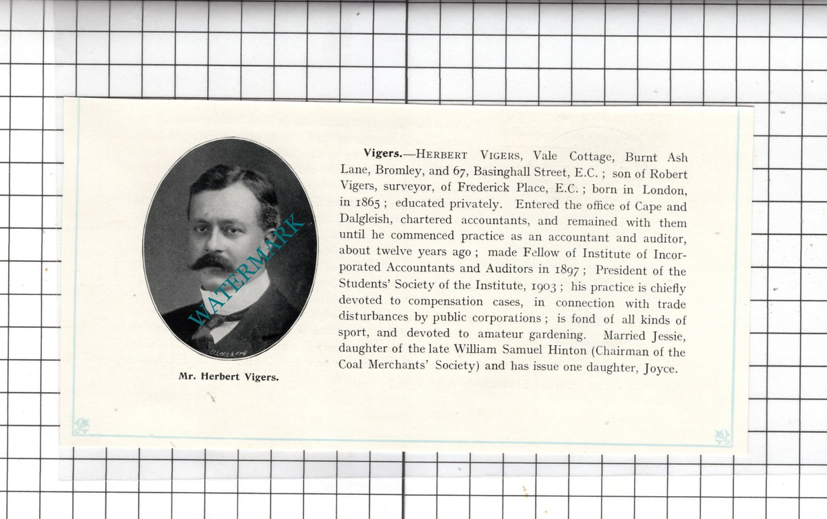 Mr Herbert Vigers Vale Cottage Bromley London - c.1905 Clipping