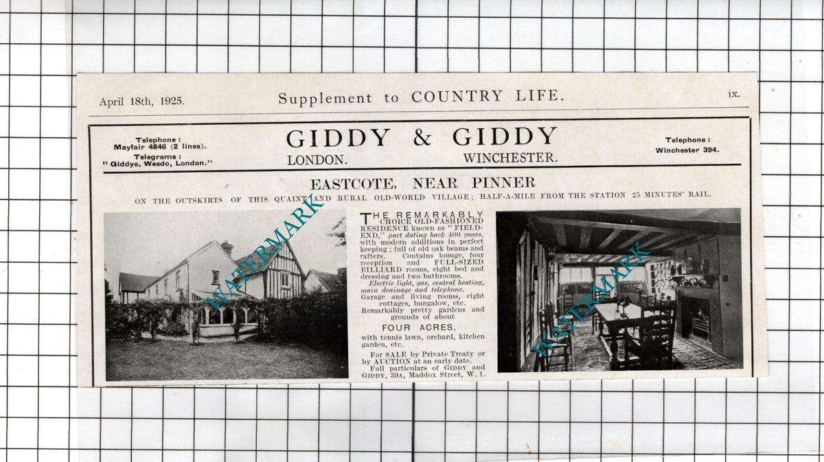 Field End Eastcote Pinner   - 1925 House Sale Advert