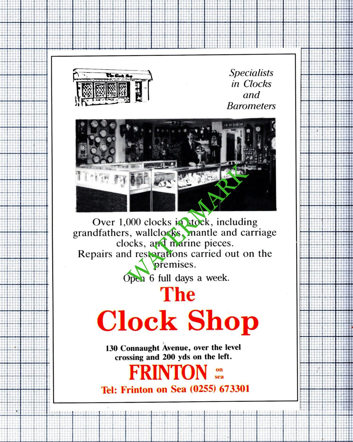 The Clock Shop Frinton On Sea Essex Small Advert  - 1988 Cutting