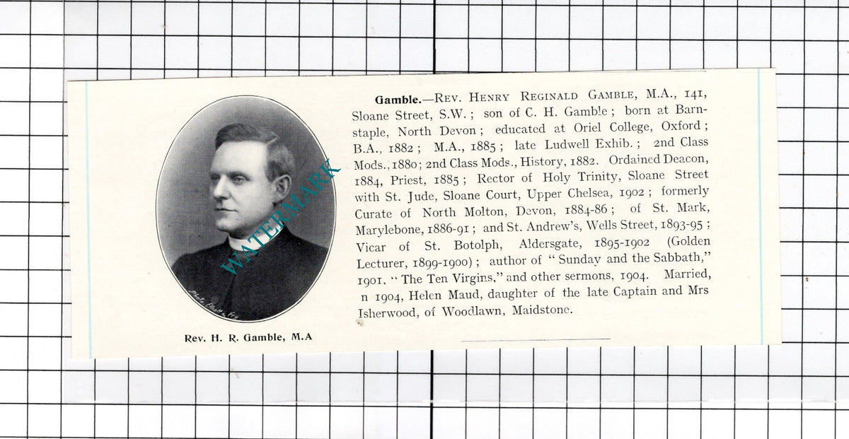 Rev Henry Reginald Gamble Barnstaple Devon  -  c.1910 Cutting