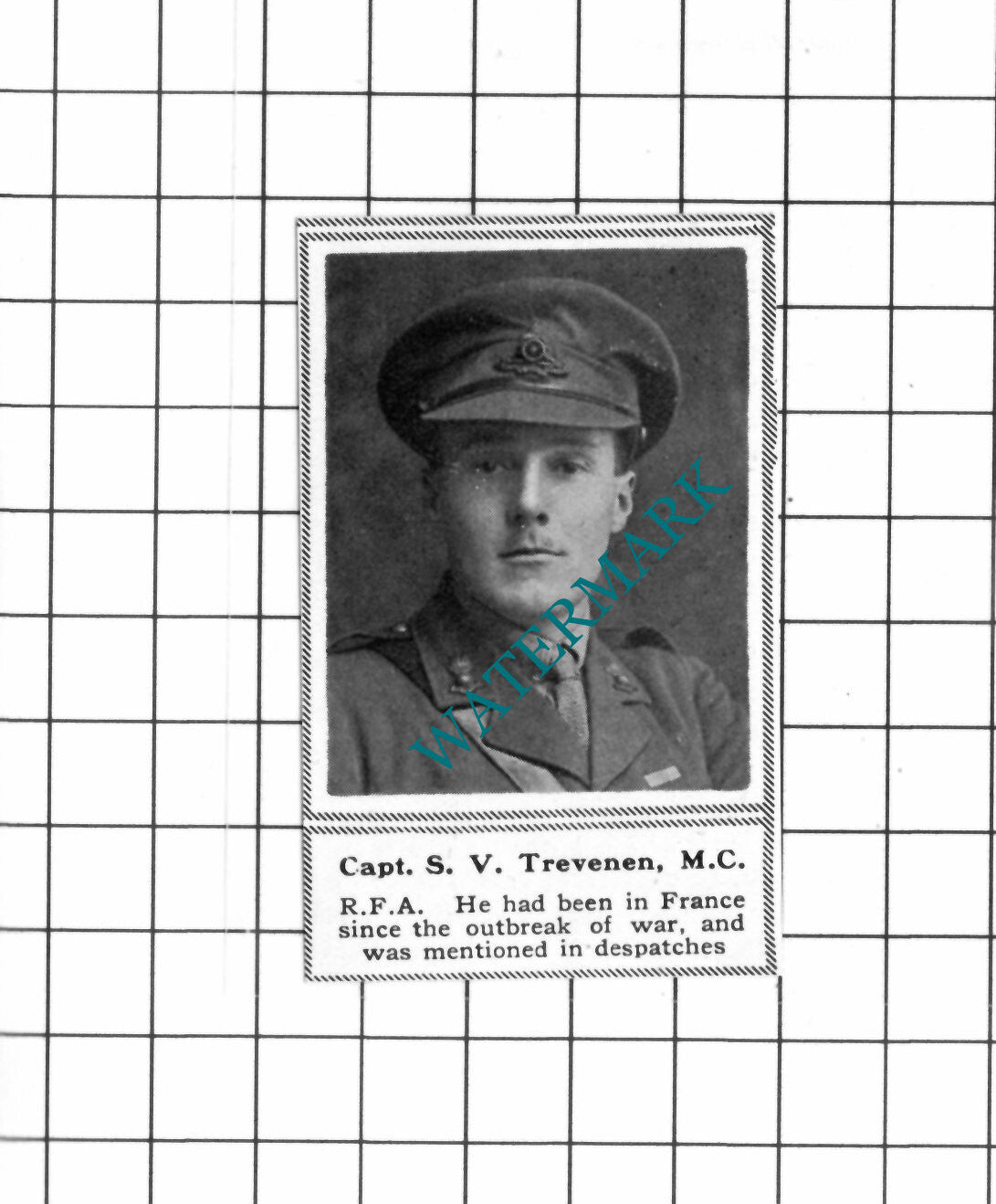 Captain S V Trevenen RFA Royal Field Artillery - c.1918 SMALL Clipping / Print
