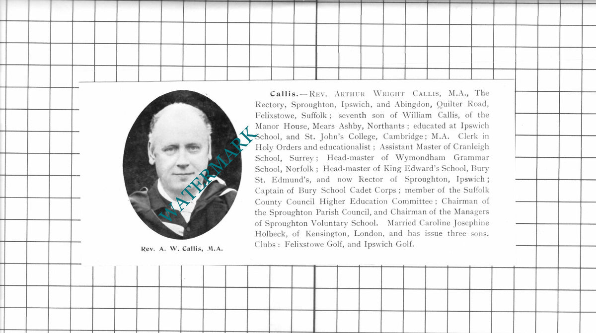 Rev Arthur Wright Callis Sproughton Ipswich Suffolk - 1911 Clipping / Print