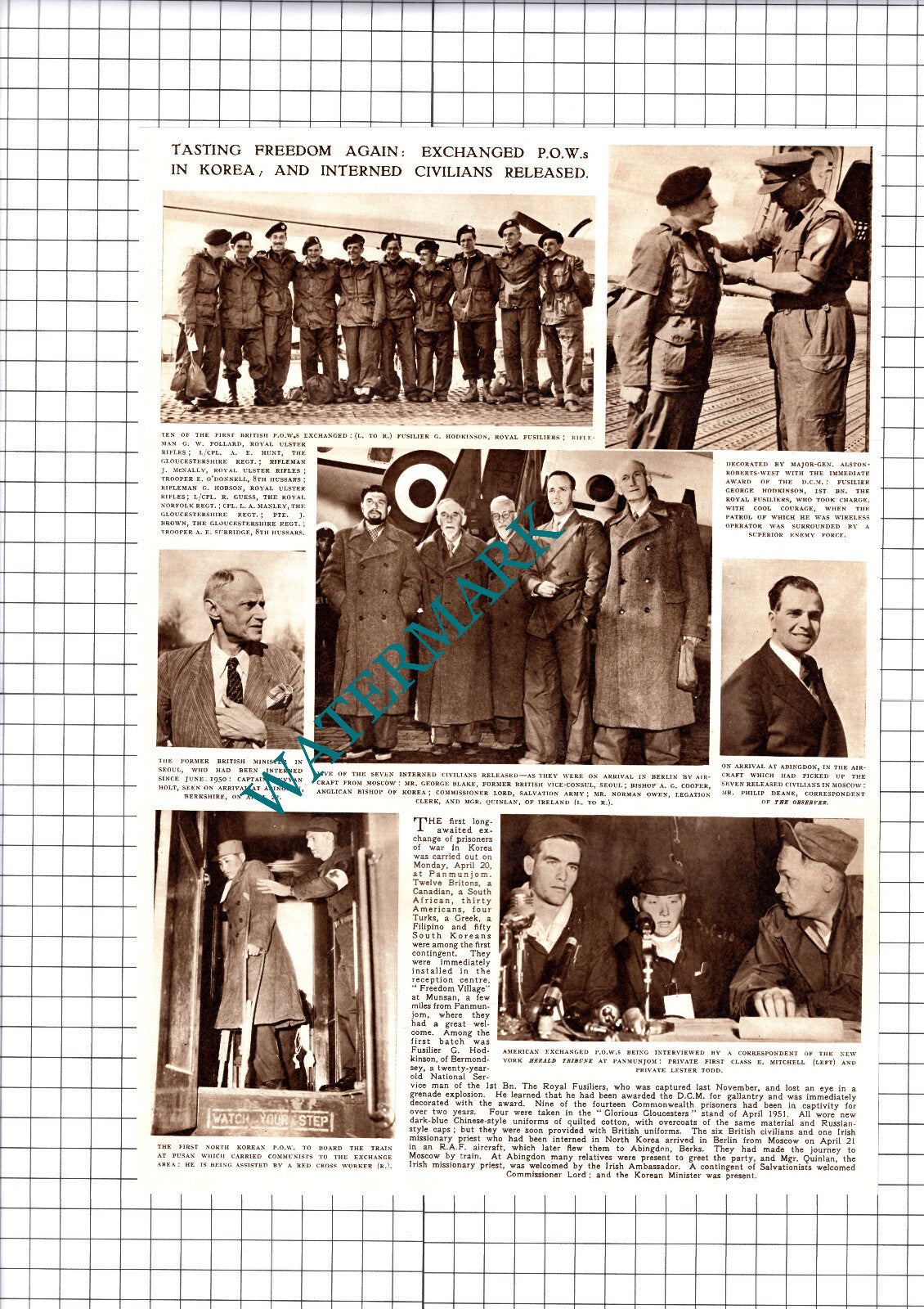 POWs Korea George Hodkinson Royal Fusiliers Manley McNally  1953 Cutting / Print