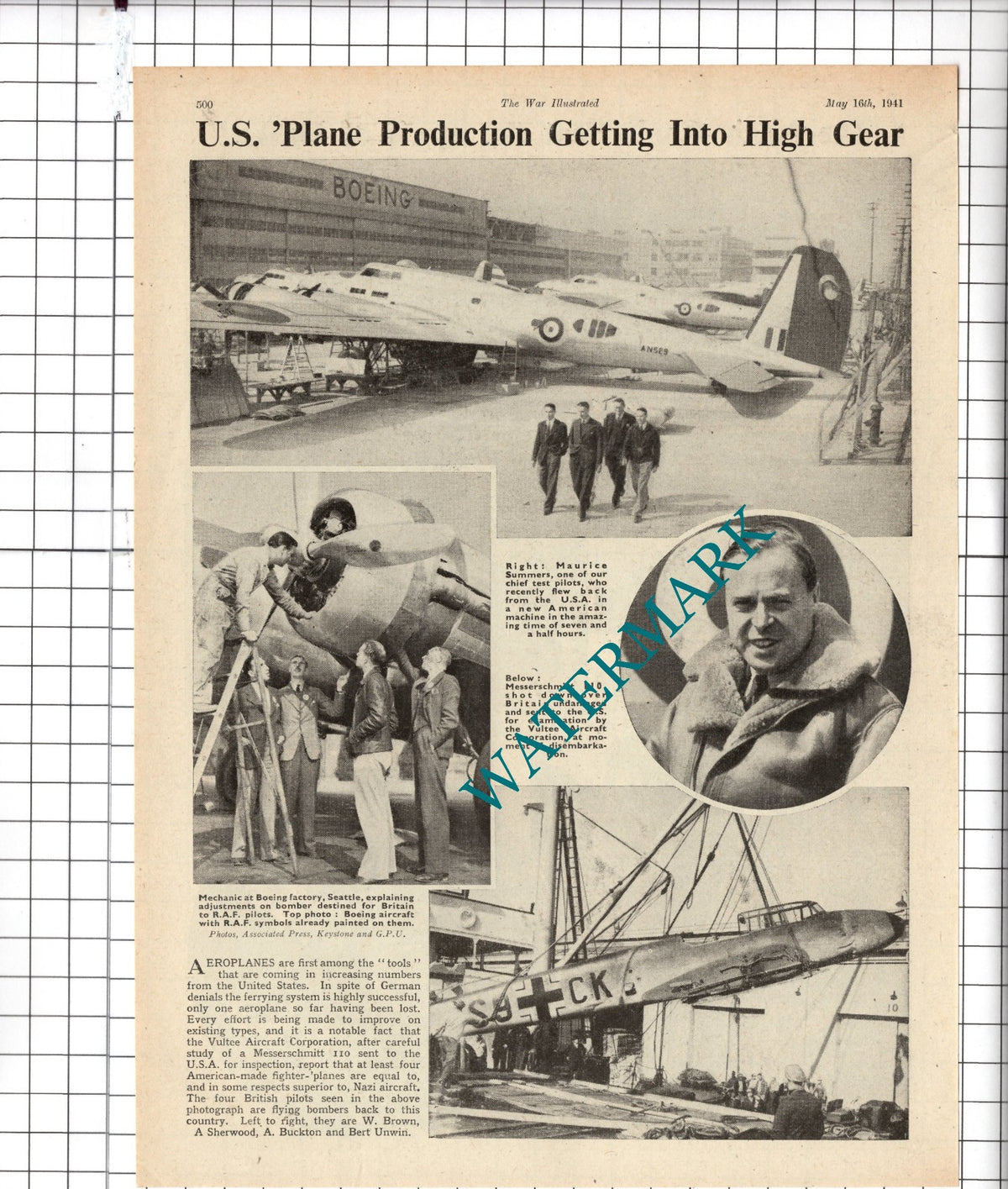 Maurice Summers Test Pilot WW2 Bert Unwin Seattle Boeing Factory- 1941  Clipping