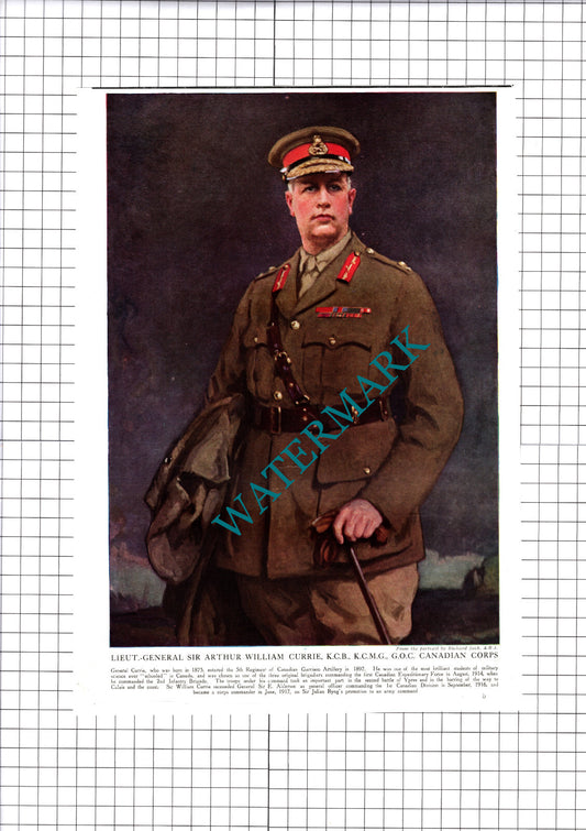 Lt Gen Sir Arthur William Currie Canadian Corps -  - 1919 Cutting / Print