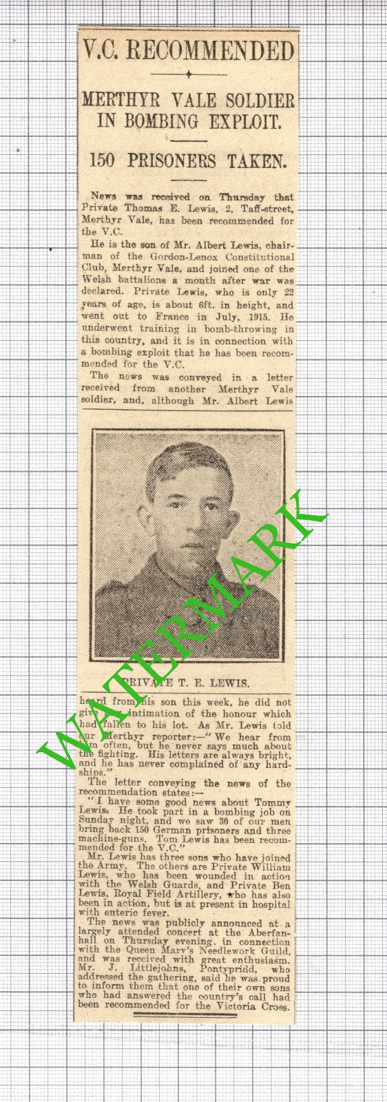 Private Thomas E Lewis Merthyr Vale Albert Lewis Great War-  1916 News Cutting