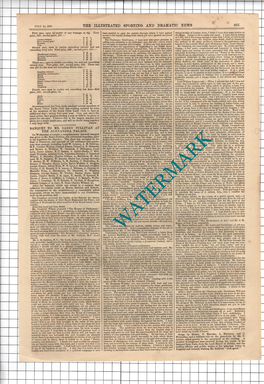 Mr Barry SULLIVAN Actor Tragedian Alexandra Palace   - 1875 Article / Print